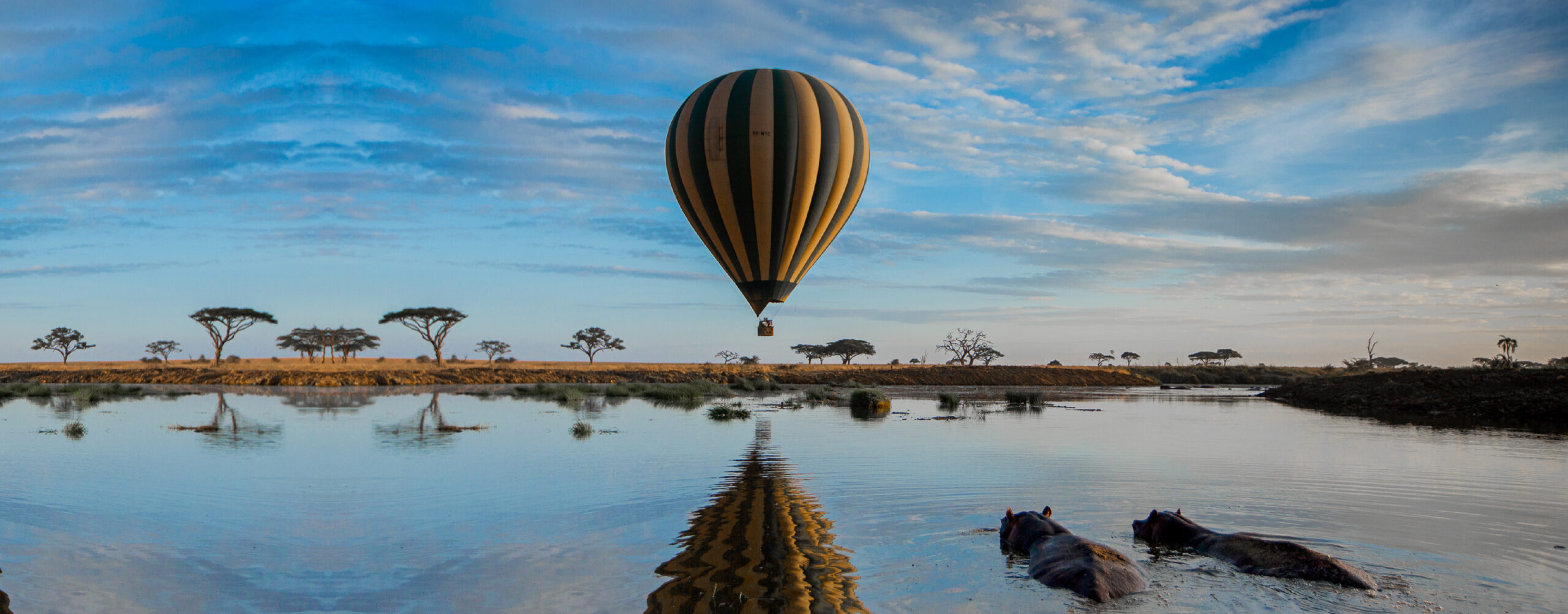 Hot air balloon flying over the plains of Serengeti National Park in Tanzania