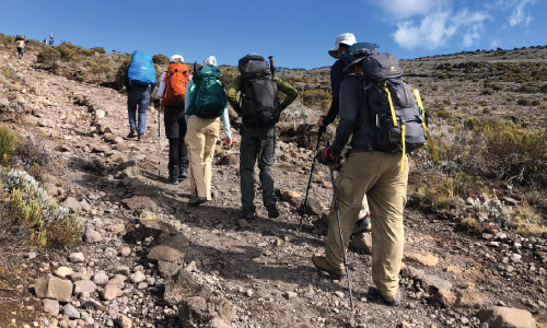A group of hikers with backpacks and trekking poles ascending a rocky mountain trail under a clear sky.