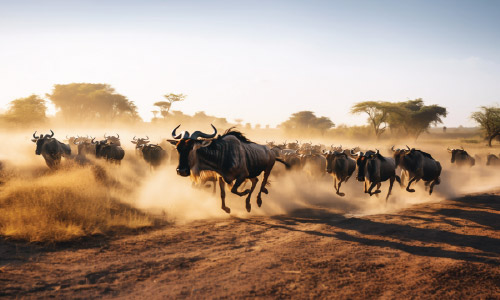 Wildebeest running across the Serengeti plains during the Great Migration in Tanzania