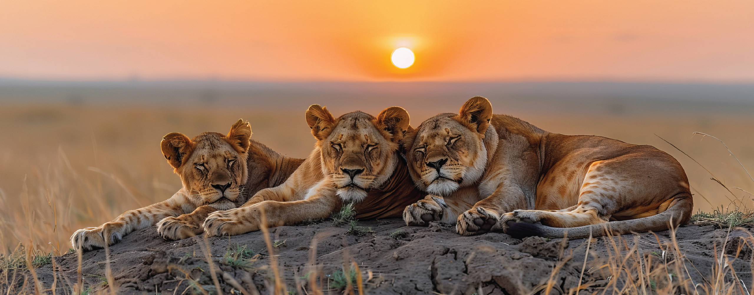 Three lionesses resting on savannah ground at sunset